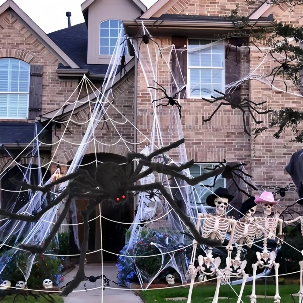 Halloween Large Black Tricky Plush Spider with Triangular Huge Spider Web Halloween Party Outdoor Yard Scary Props Decoration