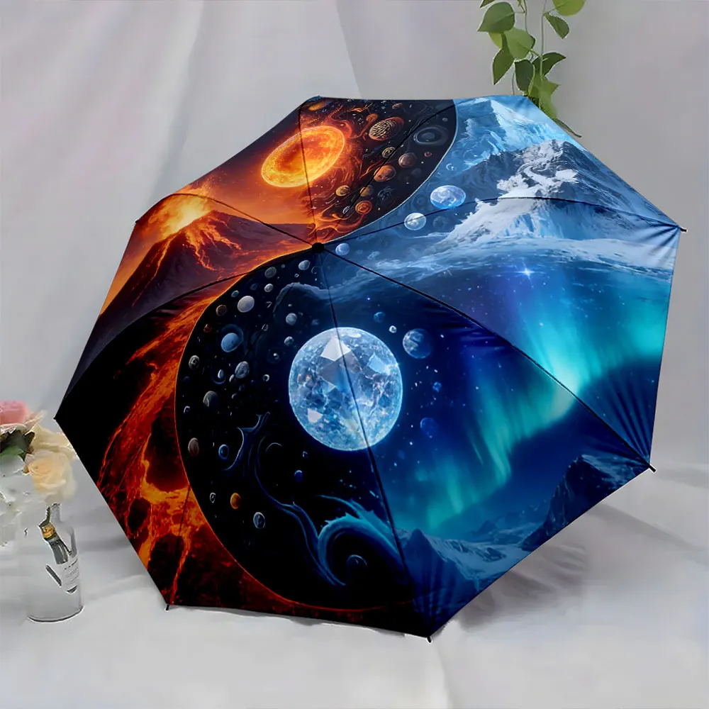 1PC Cosmic Yin-Yang Design Umbrella with Stellar Earth Elements Print 8 Iron Ribs Folding Umbrella Auto-Open Fashion Sunshade