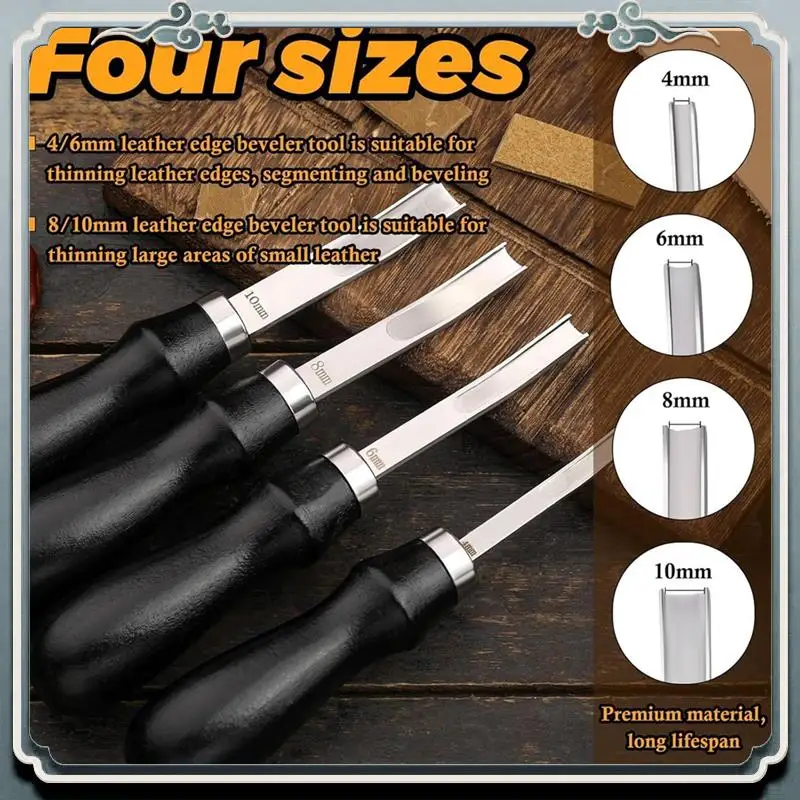 مجموعة أدوات مشطوفة بحافة جلدية مقاس AC76-4، سكين تزلج واسع الفم بمقبض خشبي، لحرف قطع ترقق الجلود