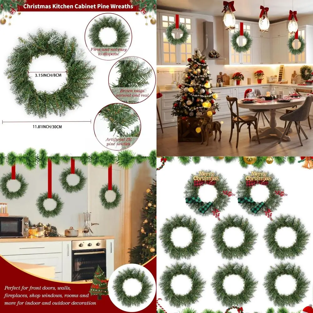 

12-Inch Green Artificial Pine Wreaths - 8 Pack for Christmas Decor: Kitchen, Windows, Doors, Chairs & More