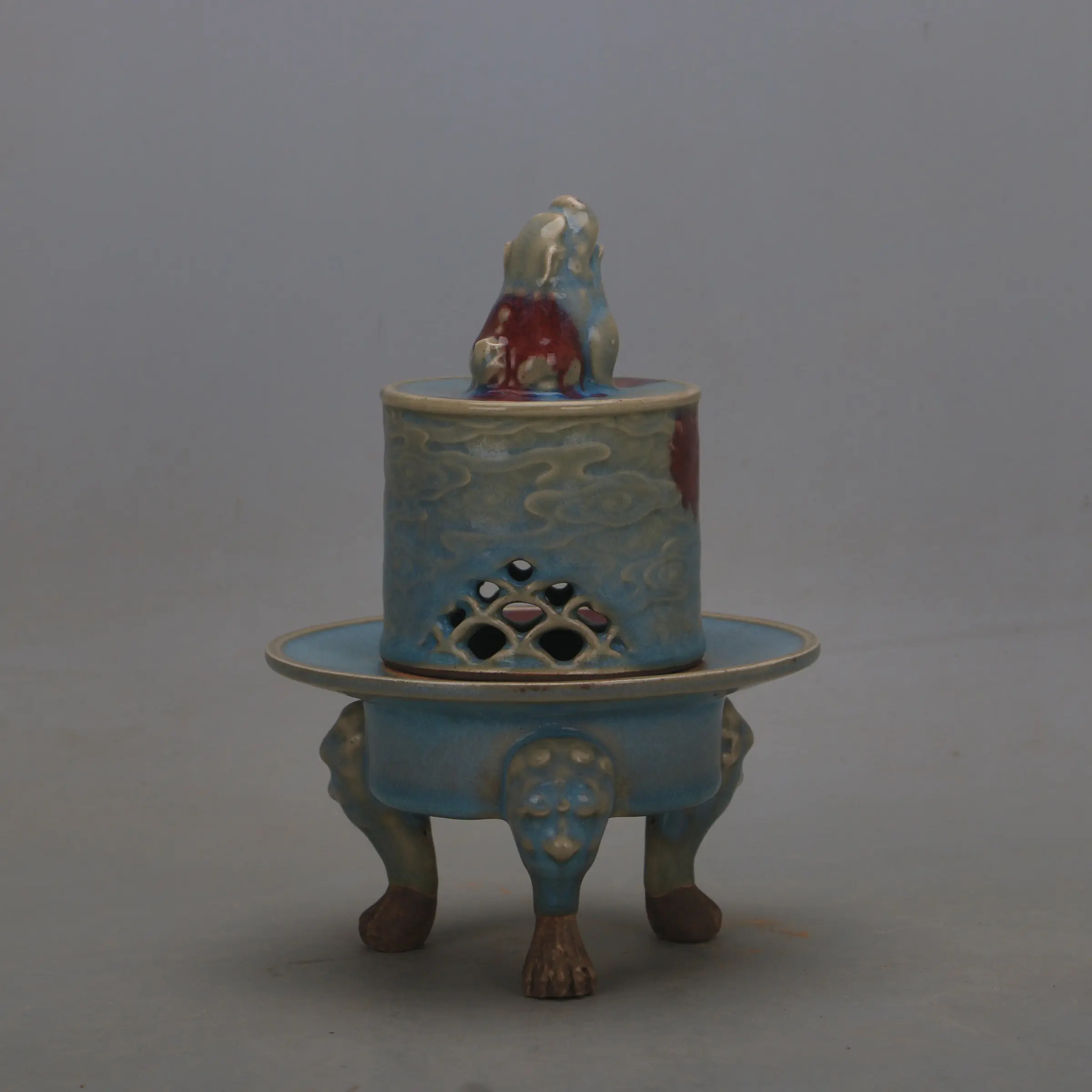 Song Dynasty Jun Ware Style Blue Glaze Spot Color Mythical Beast Openwork Tripod Incense Burner Handmade Home Decor Reproduction