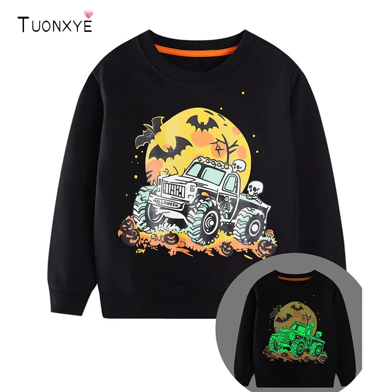 TUONXYE Boys Halloween Glow In The Dark Sweatshirt Kids Monster Truck Pumpkin Bat Print Long Sleeve Pullover Children Sport Tops