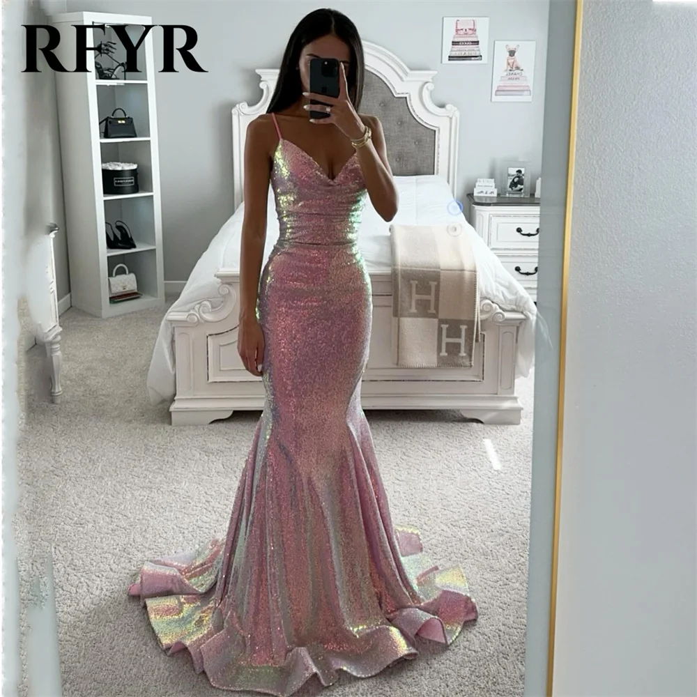 

RFYR Pink Prom Dress Sweetheart Trumpet Evening Dresses Luxury Sequins Spaghetti Strap Party Dress with Pleats Robe De Soirée