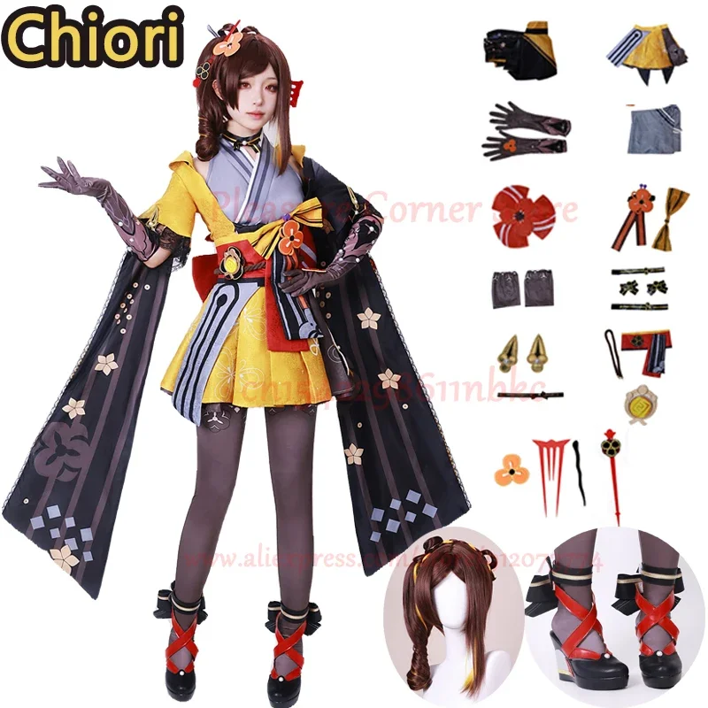 Disfraz de Chiori, conjunto completo, peluca, zapatos, Genshin Impact, en Stock