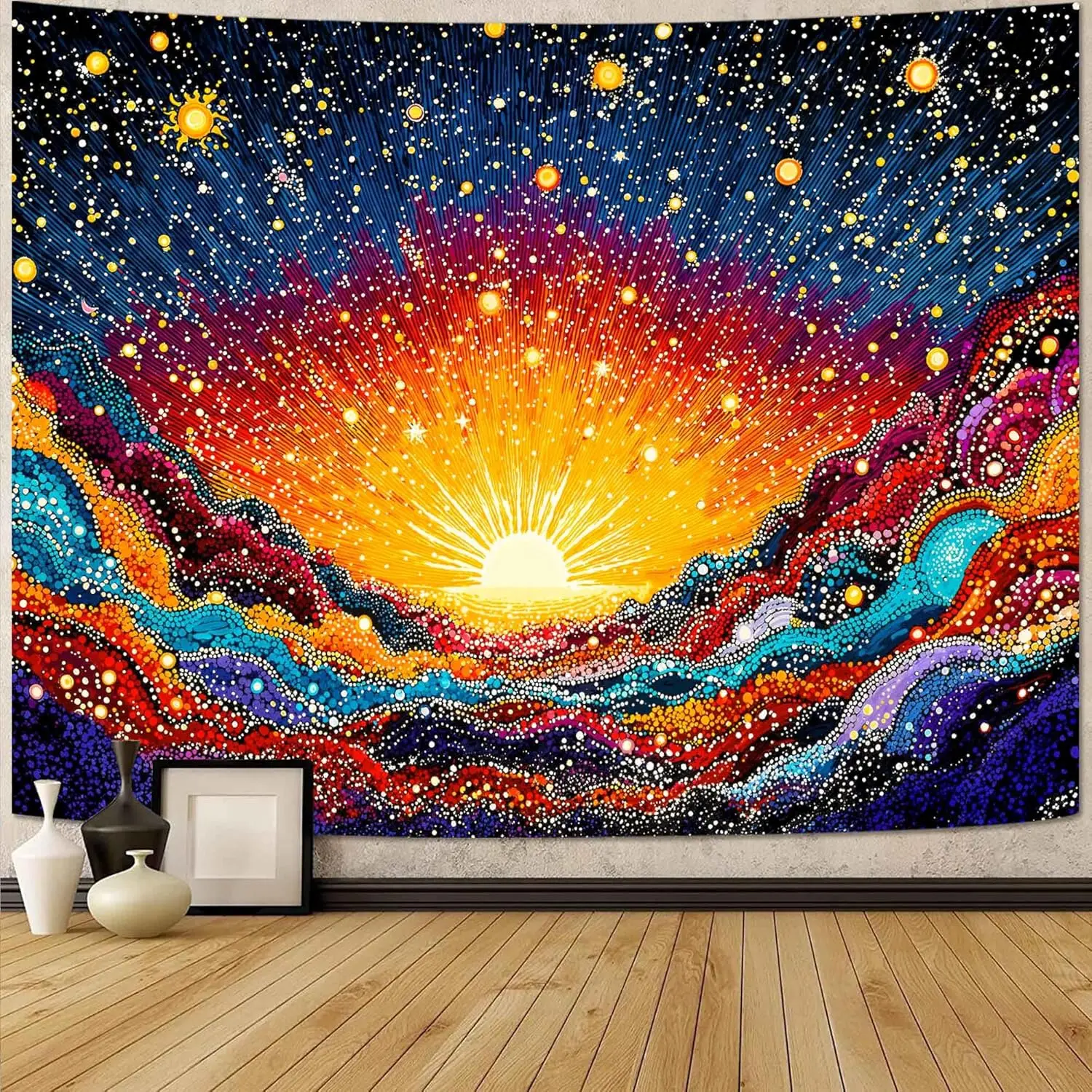 Abstract Cosmic Sunrise Mountains Wall Tapestry, Trippy Galaxy Landscape Tapestries for Bedroom Decor, Artistic Tapestry