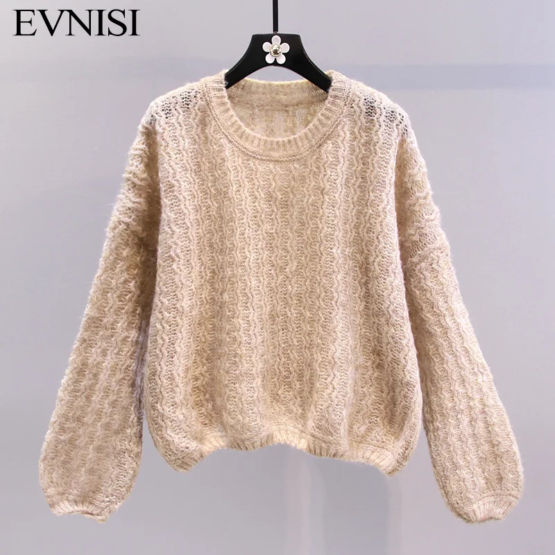 

EVNISI Women Hollow Out Sweater O-Neck Casual Loose Solid Knitted Pullover Autumn Long Sleeve For Women Chic Sweaters Tops 2023