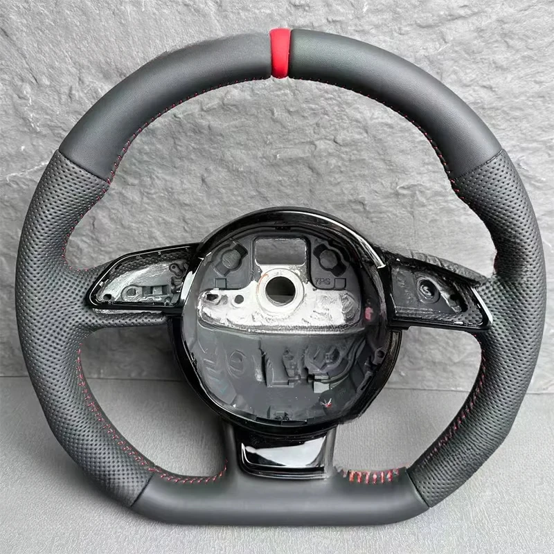 Customized red stitched leather steering wheel suitable for Audi A3 A4 A5 RS6 RS7 Q3 Q5 flat bottomed steering wheel