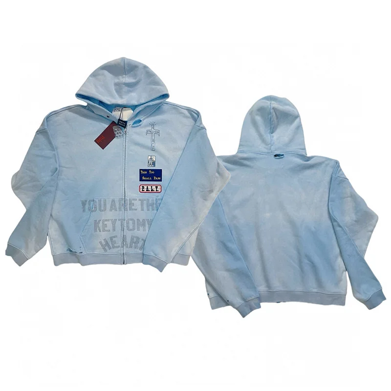 

Толстовки с капюшоном на молнии, с эффектом потертости, градиентные, синие, рваные, спортивные топы, свитшоты унисекс, уличная одежда