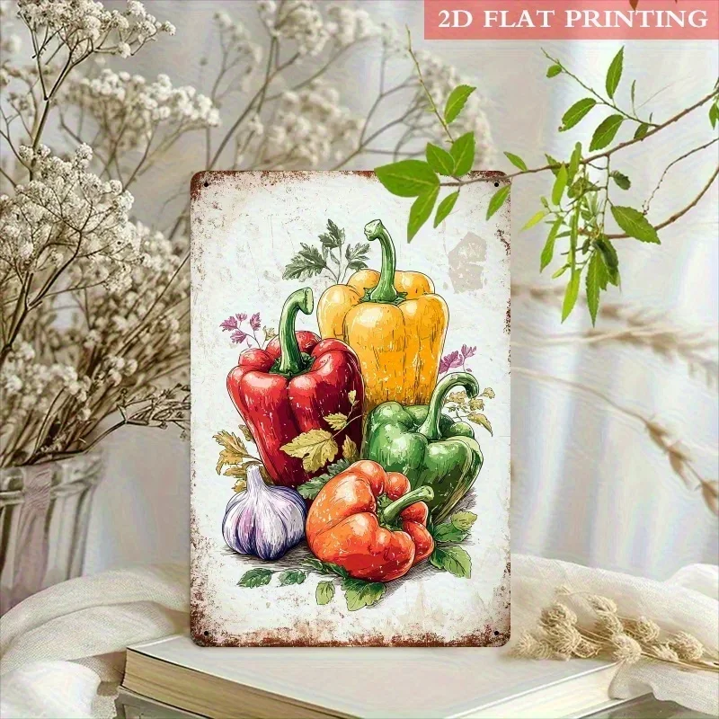 Vintage Farmhouse Chili & Garlic Metallschild – Eisen-Wandkunst mit lebendigem Muster, Küchengartendekoration, Thanksgiving-Geschenk