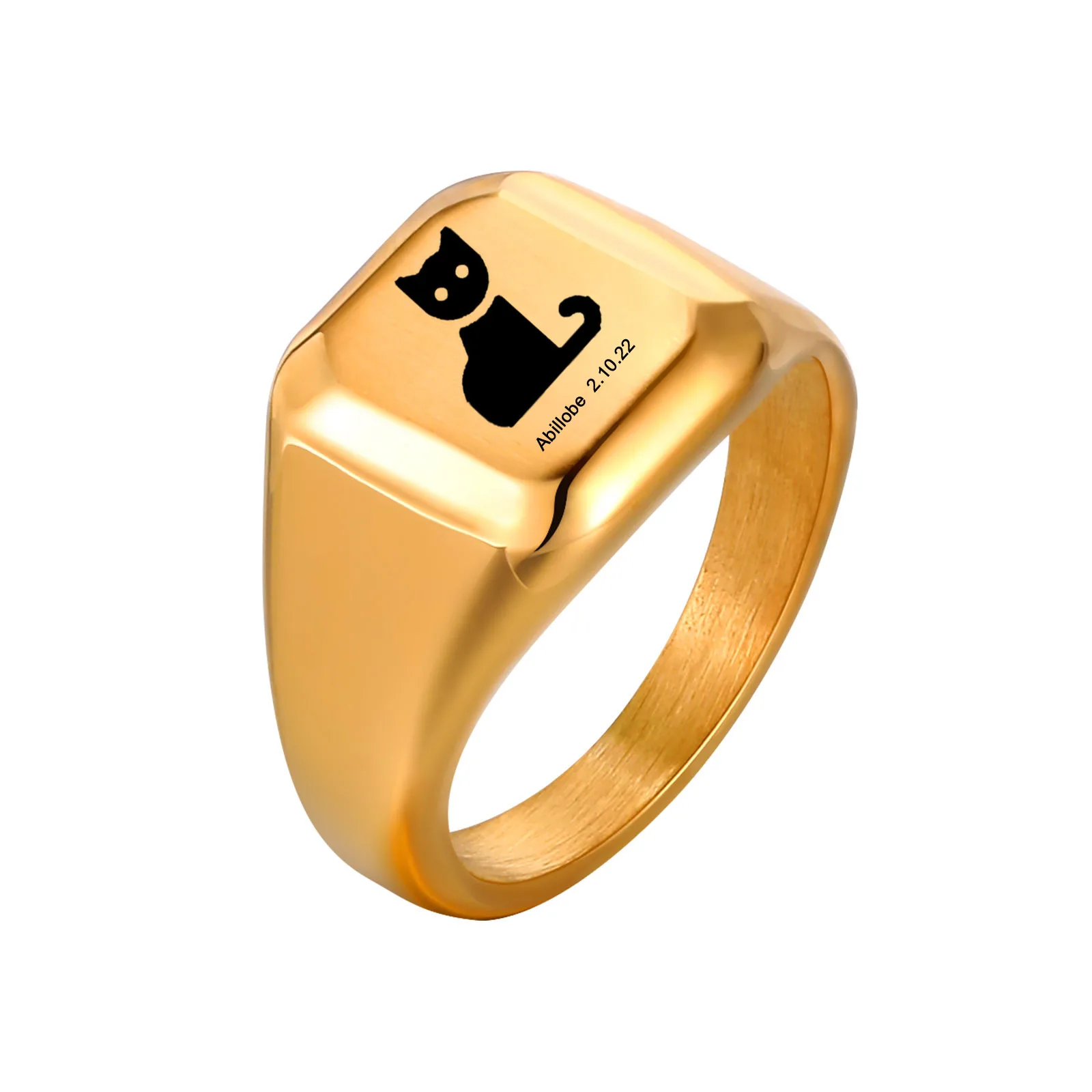 

Personalized Square Signet Ring, Gold Plated Pinky Ring, Stainless Steel Engraving Pet Name ID Customized Jewelry for Women