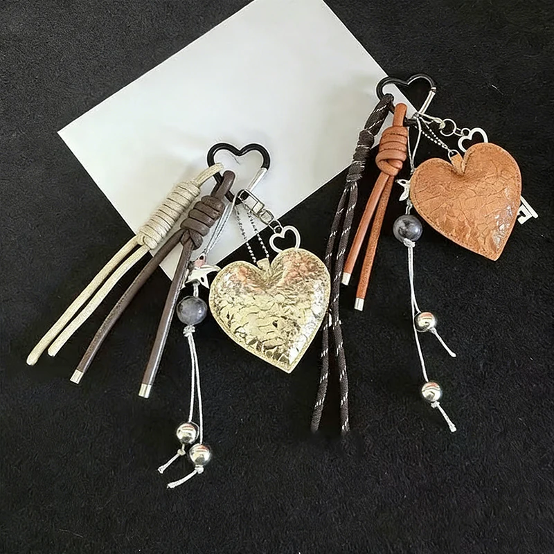 Leather Braided Rope Car Keyrings Hanging Anti-Lost Lovely Heart Key Chain Ins Woven Rope Handmade Heart Keychain