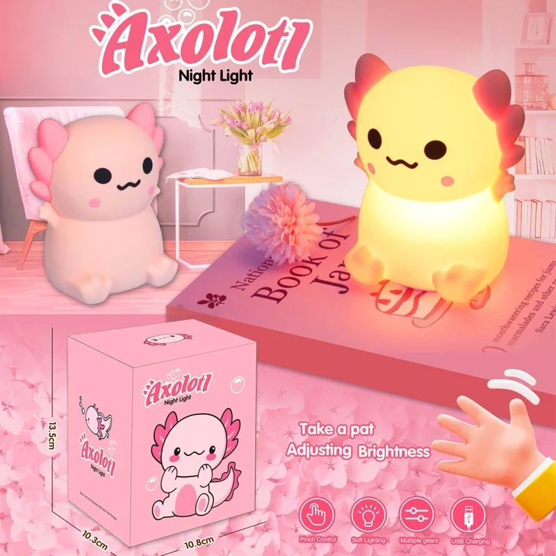 Cute Axolotl Night Light 3 Brightness Silicone Nursery Sleeping Lamp Touch Control Nightlights USB Rechargeable Table Lamps Gift