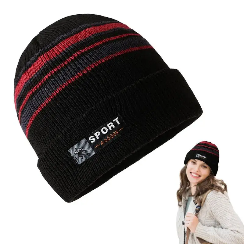 

Warm Beanie For Women Knitted Cuffed Beanies With Stripe Design Womens Winter Hat Knit Beanie Comfortable Hat For Fitness Skiing