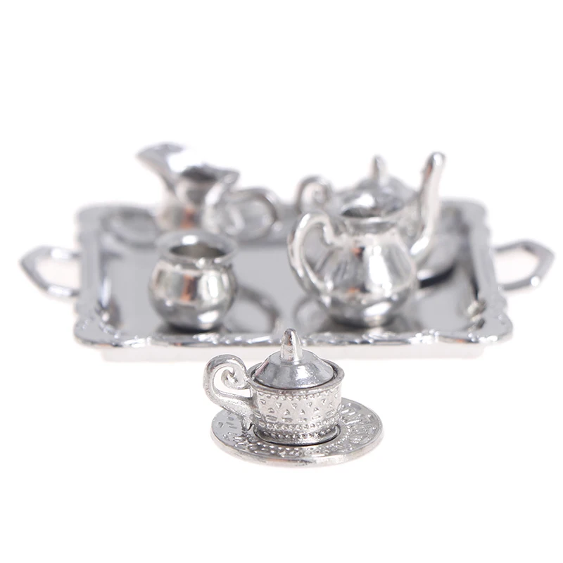 Casa de muñecas en miniatura de Metal plateado, muebles de casa de muñecas, vajilla de comedor en miniatura, juguete, tetera, taza, placa, 10 piezas por juego