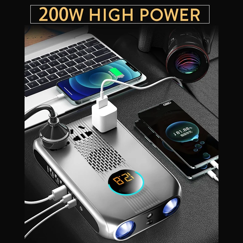 200W Power Inverter Dc12vto AC220V Multifunctional Car Charger QC3.0/4.0 PD3.0 Phone Charger 3-Sockets Power Adapter