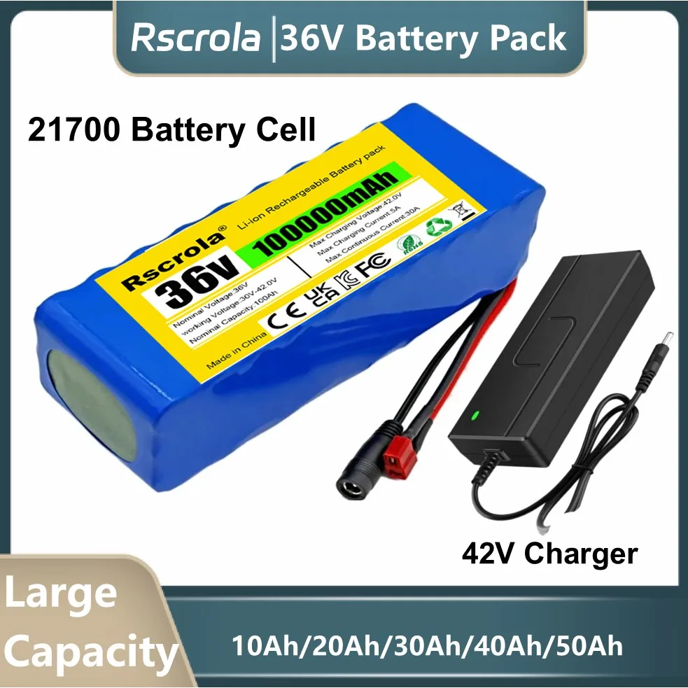 New 36V 21700 Li-ion Battery Pack with BMS + Charger 100Ah Large Capacity Rechargeable 36V Battery Pack for Motorcycle Tricycle