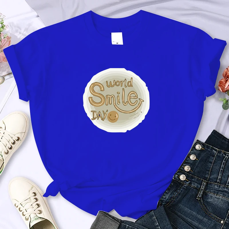 ยิ้มทุกวันผู้หญิงเสื้อยืดผ้าฝ้ายคุณภาพสูงเสื้อยืดแบรนด์เสื้อยืดระบายอากาศเสื้อสตรีทโอคอเสื้อยืดสำหรับผู้หญิง