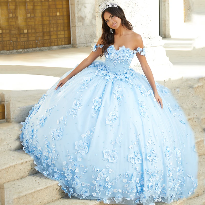 Doymeny Off Shoulder 3D Flowers Quinceanera Dress Perals Sweep Tulle Vestidos De 15 Años Birthday Prom Dresses فساتين