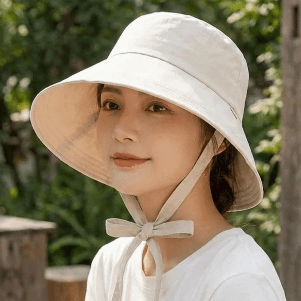 Breathable Lace-up Sunshade Hat Thin Polyester Wide Brim Fisherman Hat Makes Face Look Smaller Solid Color Bucket Cap Vacations