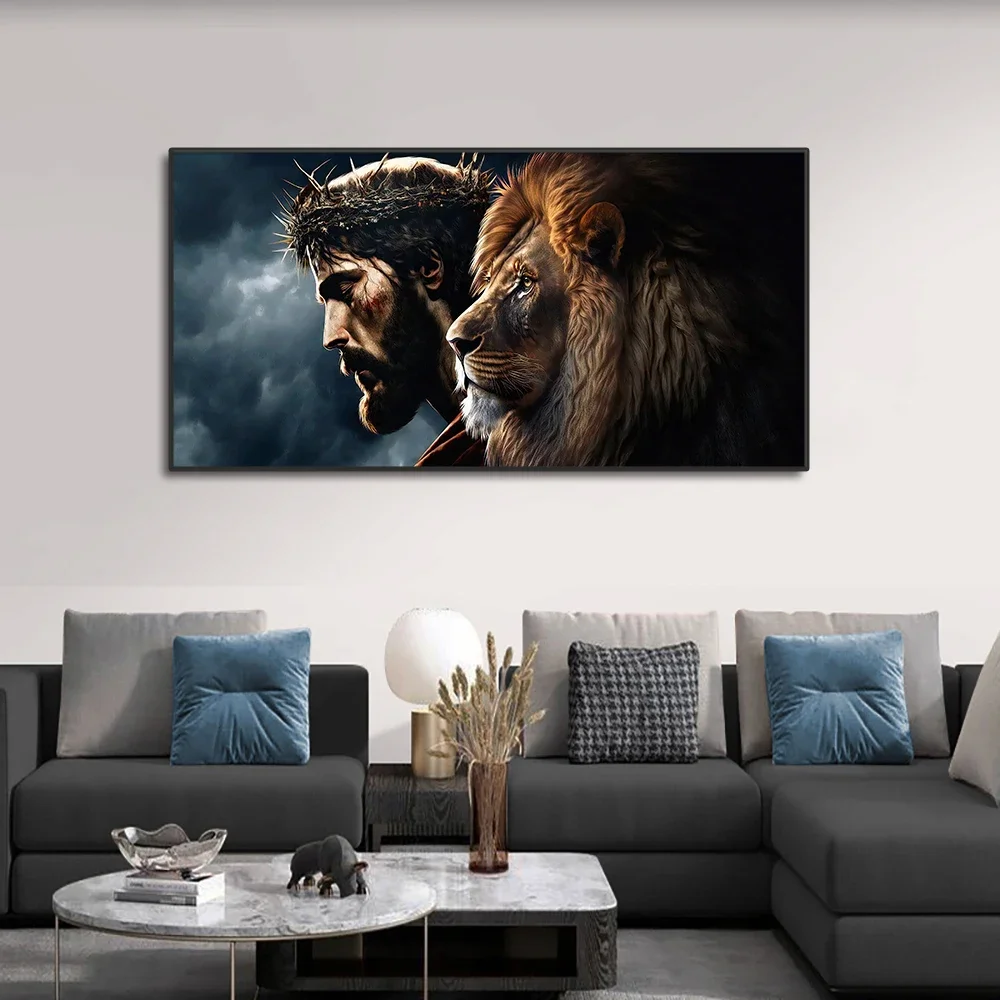 لوحة فنية جدارية للوجه من God Jesus Christ and Lion، ملصق مطبوع على القماش عالي الدقة، مناسب للمنزل، غرفة المعيشة، لوحة تزيين الغرفة
