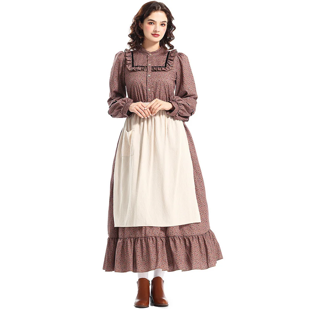 Vestido longo floral estilo colonial prairie para mulheres, com avental, fantasia vintage de pioneira, vitoriana, medieval, de Halloween, traje de empregada doméstica