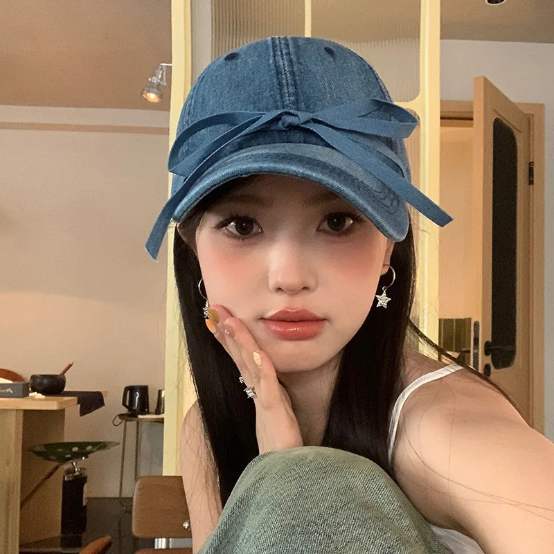 Bow Baseball Cap Women's Spring and Summer All-Match Sweet Cute Peaked Cap Shade Face SlimmingHat