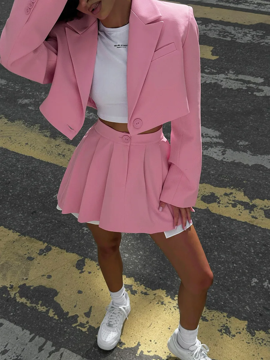 

Women Street Solid Spring Two Piece Set Short Skirt Blazer Outfit Women Crop Blazer Jacket+High Waist Pleated Mini Skirt Outfit