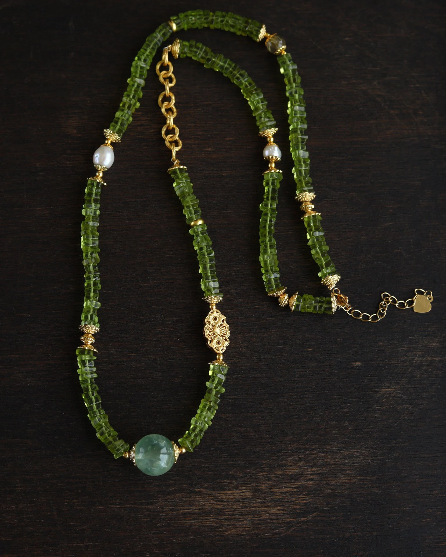 

Natural Peridot Necklace, Gold Gilded Sterling Silver with Freshwater Pearls , Bohemian Crystal Jewelry for Women