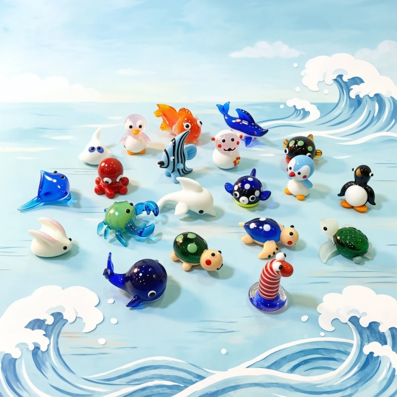 Mini Glass Marine Animal Figurine Cute Dolphin Octopus Penguin Puffer Fish Stingray Whale Shark Crab Turtle Eel Bunny Ornaments