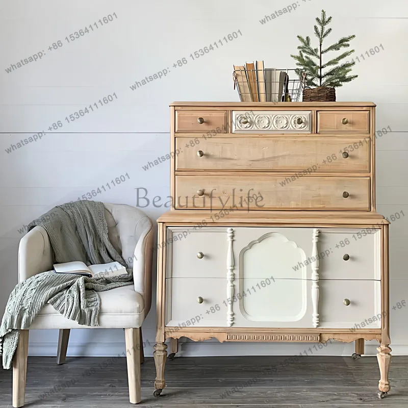 French retro style solid wood chest cabinet antique style bedroom carved locker contrasting colors