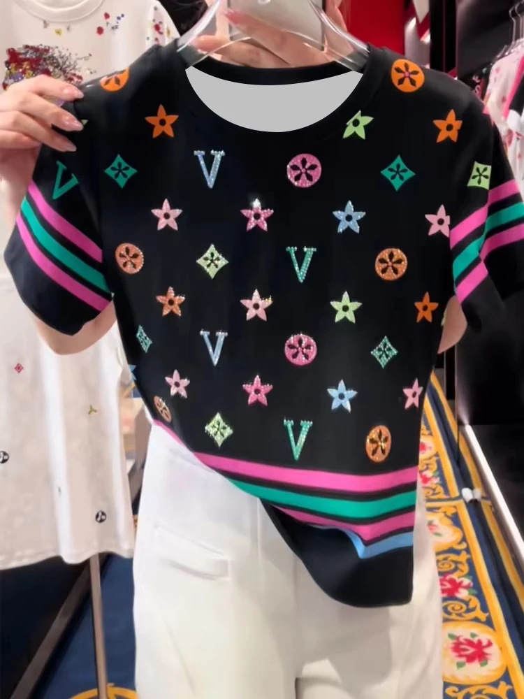 

Американская ретро цветная полосатая футболка с короткими рукавами и принтом для женщин, лето 202, модная женская одежда Y2k, женская одежда