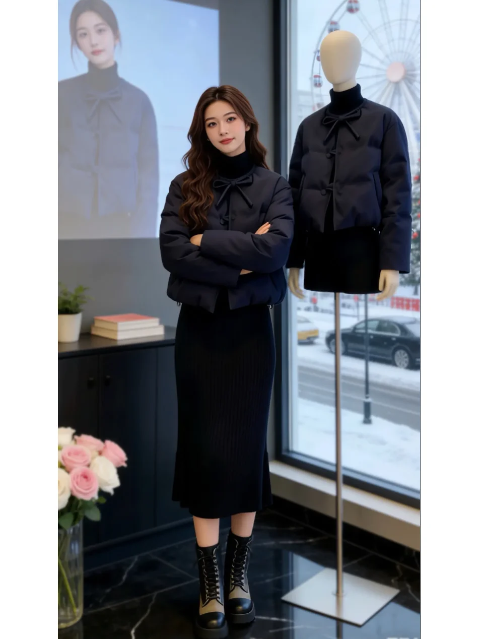 

Женская утепленная куртка Hebe: теплая зимняя хлопковая куртка в корейском стиле, свободный крой, длинный рукав, воротник-стойка