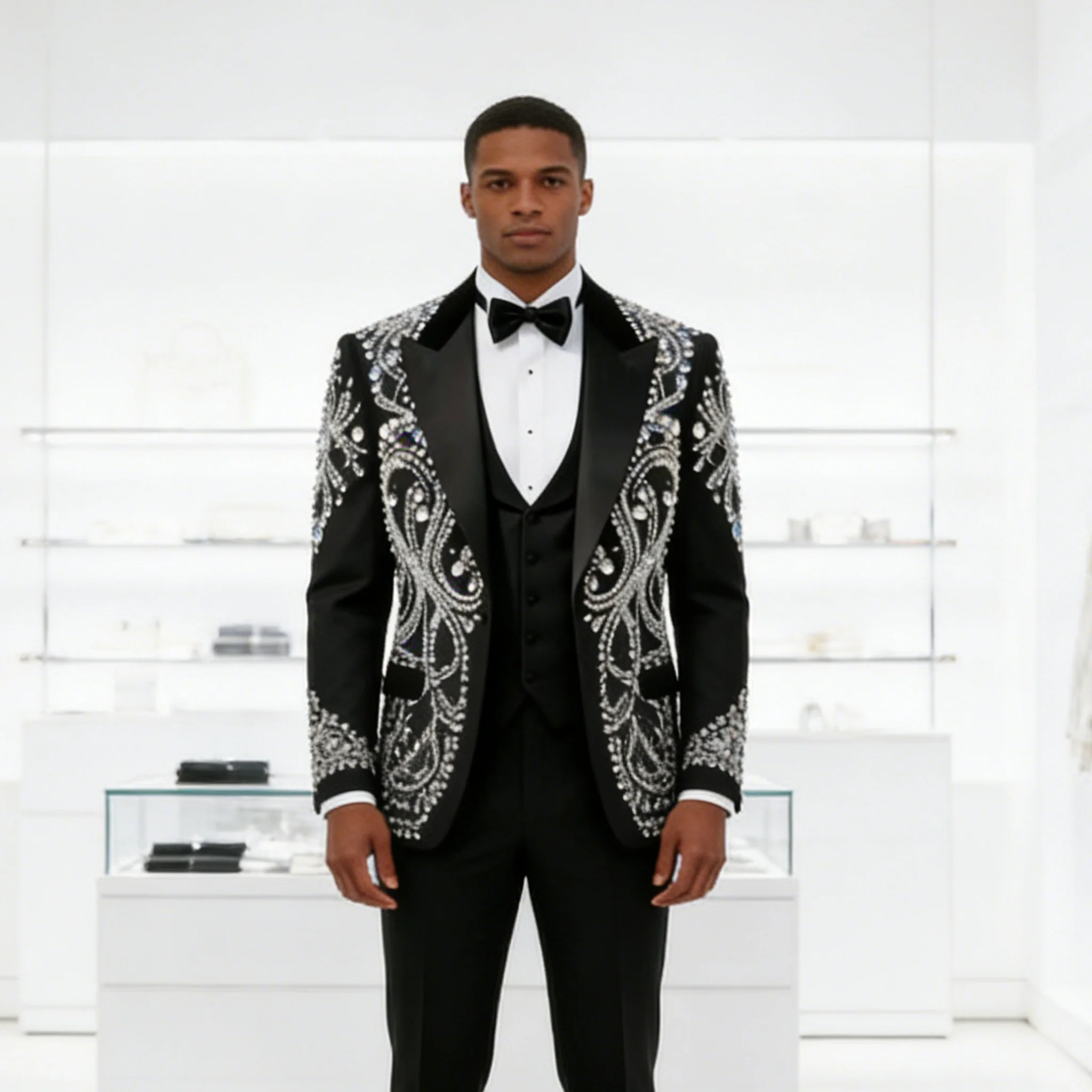 Men Suits 2 Pieces Sets Luxury Beaded Crystal Party Blazers Customized Groom Prom Wedding Tuxedo Slim Sequin Label Costume Homme