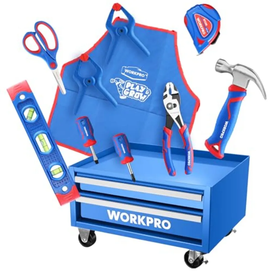 

WORKPRO Real Tool Set with 12 Inch Steel Tool Chest with Wheels 10PCS Boys First Tool Set with 2 Drawers Metal Rolling Tool Che