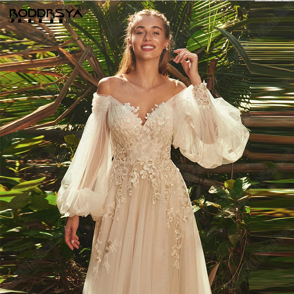 RODRSYA Light Champagne Abiti da sposa Pastrol Puff Maniche Lunghe 3D Fiori Abiti da spRODDRSYA abiti da sposa Champagne chiaro Pastrol Puff maniche lunghe fiori 3D abiti da sposa a-line Sexy Backless vestidos de novia