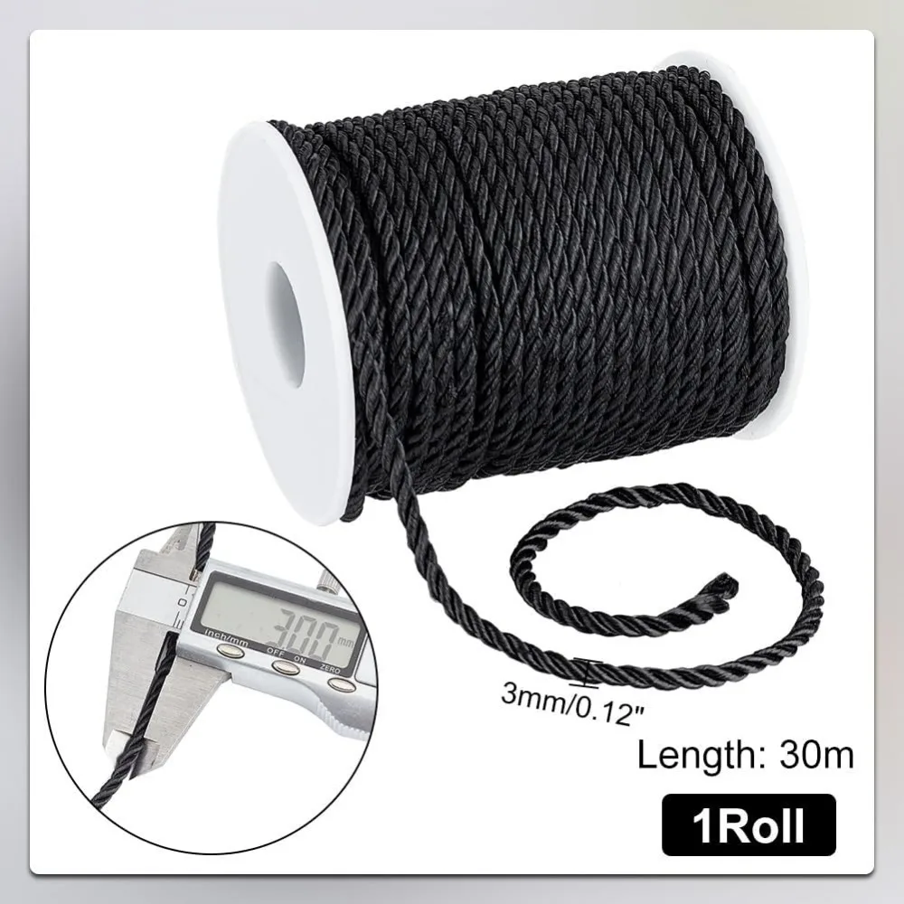 3mm 32.8 Yards Black Twisted Rope Trim, 3-Ply Braided Cord with Spool, Decorative Twisted Satin, Milanese Rope, for Home Decor