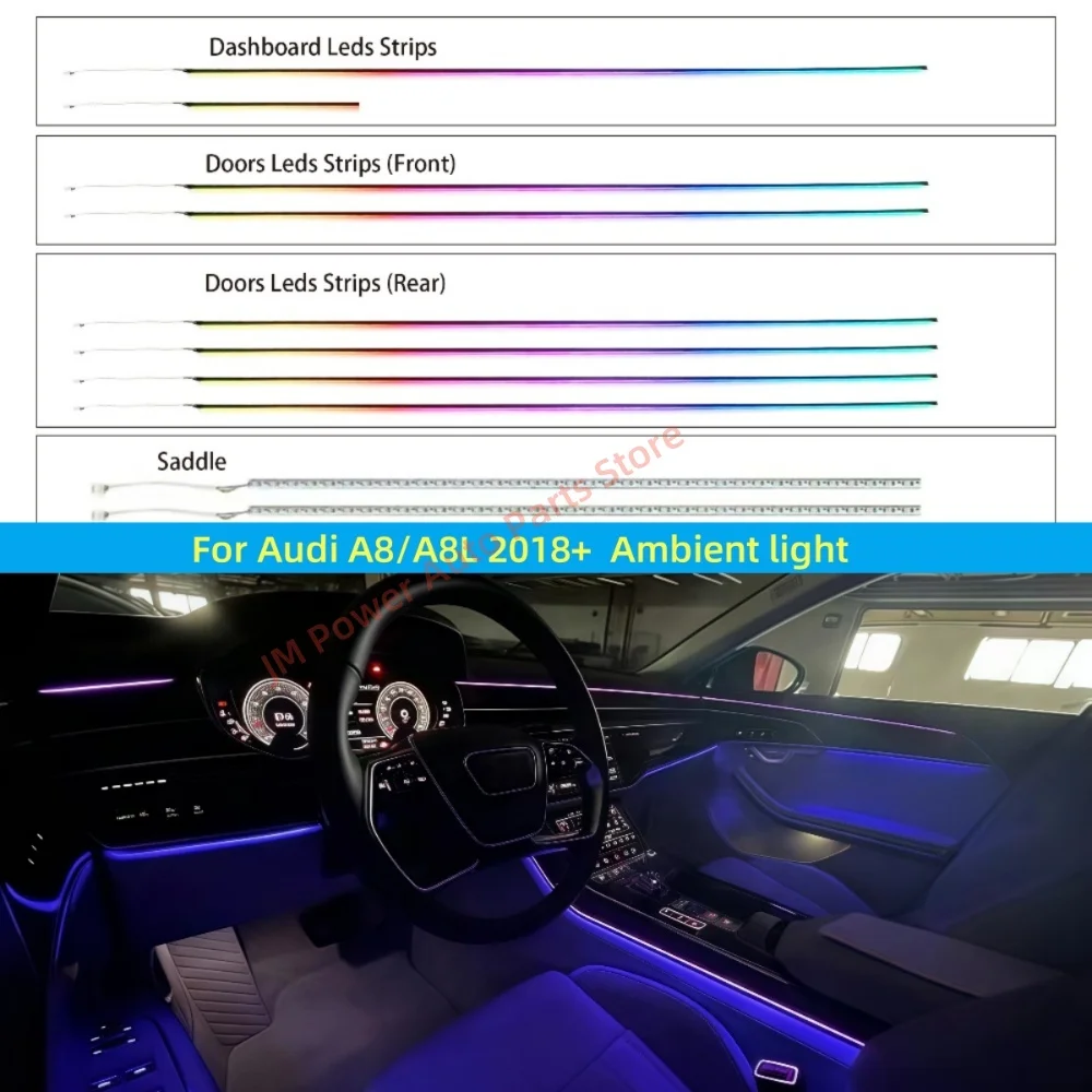 

64 цвета, окружающее освещение для Audi A8, обновление автомобильного внутреннего освещения, автомобильные аксессуары, атмосферная лампа, подножки, седло