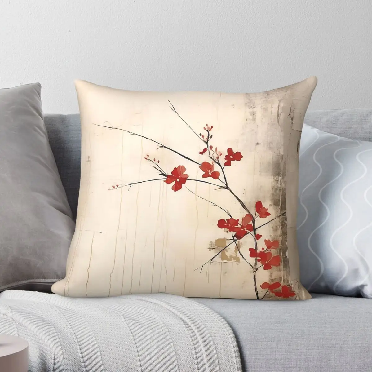 Japandi Wabi Sabi Red Blossoms Square Pillowcase Polyester Linen Velvet Printed Zip Decor Throw Pillow Case Car Cushion Cover