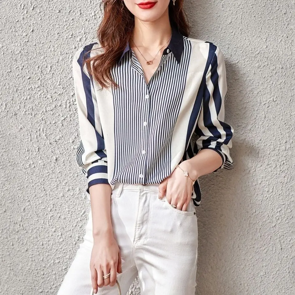 Striped Color Blocked Long Sleeved Chiffon Shirt for Women\'s Spring Autumn New Commuting Temperament Loose Versatile Shirt Top