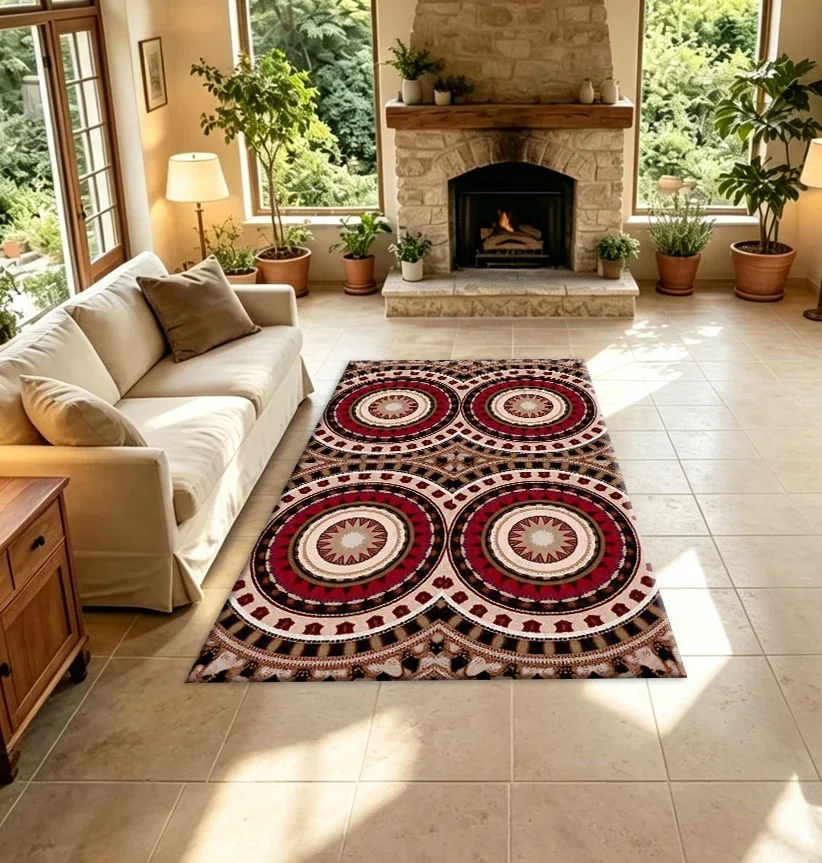 Bohemian Red Brown Mandala Circle Carpet Flooring Boho Style Floor Cover for Home