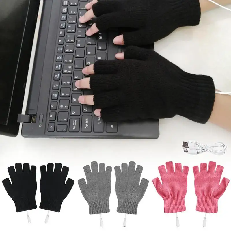 USB Heated Gloves USB Rechargeable Heating Mittens Winter Washable Half Hand Warmers Electric Thermal Cold Weather Gloves