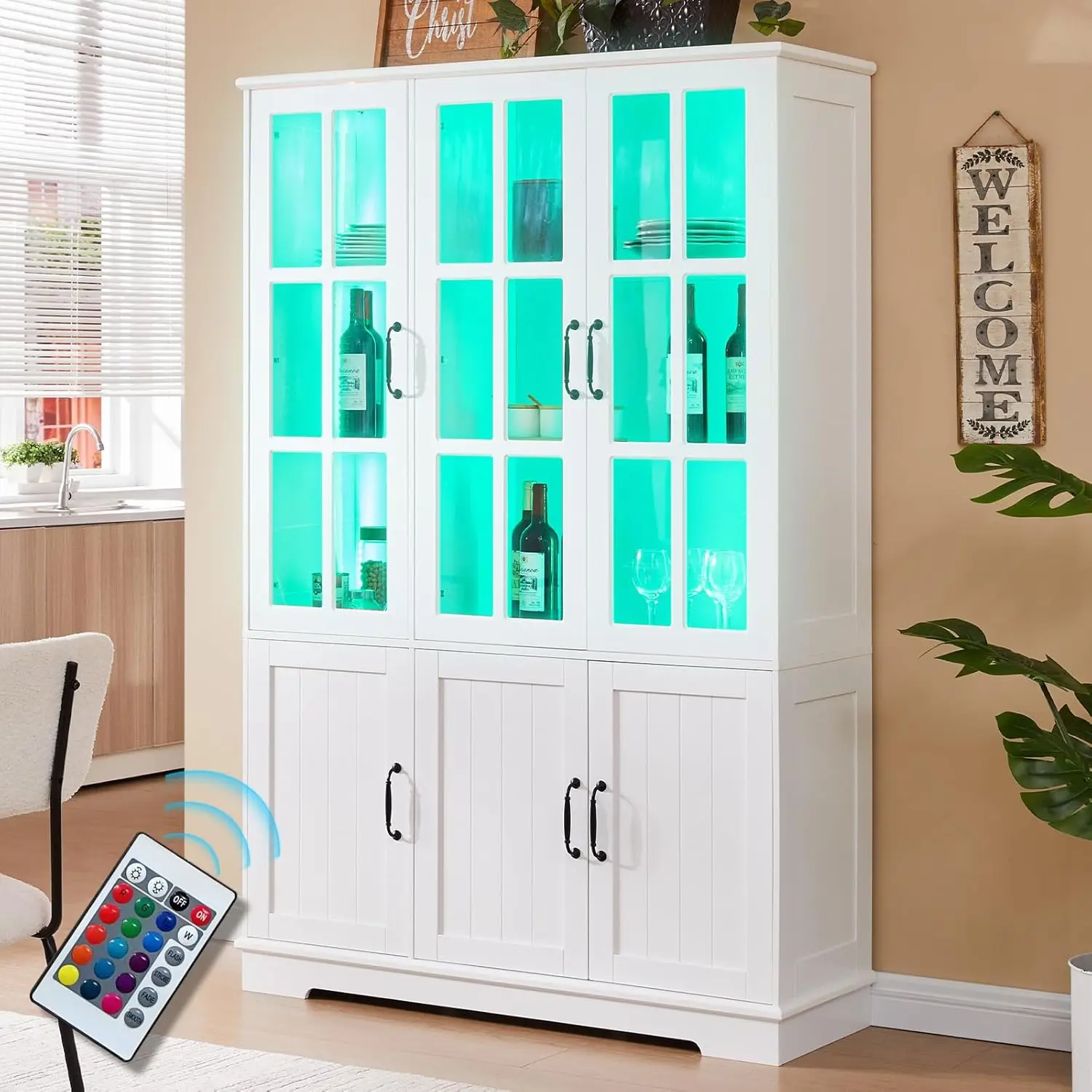 Storage Cabinet with LED Lights, 5 Tier Large Modern Wood Kitchen Pantry with Acrylic Glass Doors & Shelves,