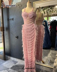 Sweet Pink Pearls Cocktail Dresses Mermaid Feathers Spaghetti Prom Dresses Boho Evening Party Gowns For Teens Vestidos De Cóctel