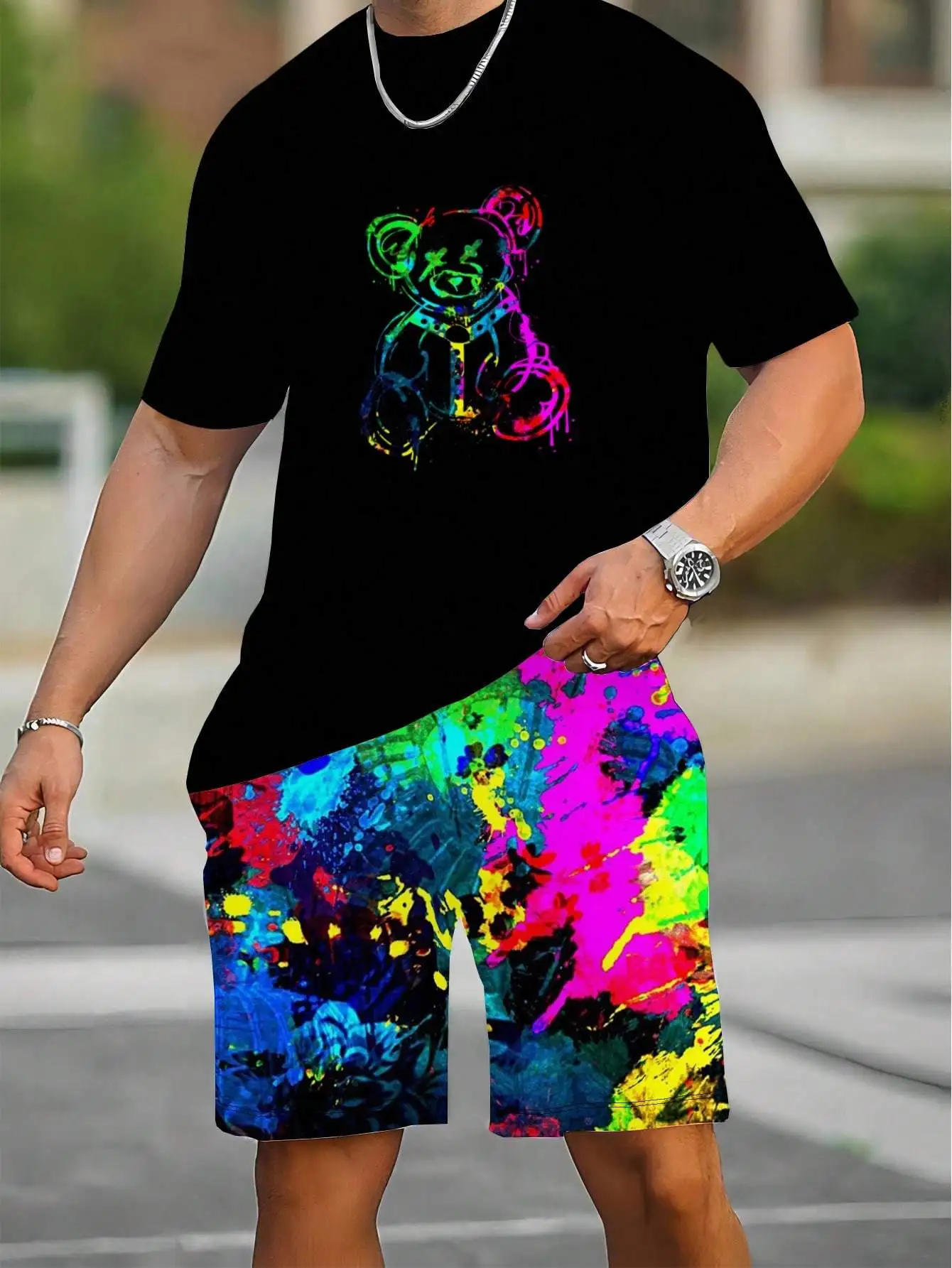 Tuta sportiva da uomo alla moda estate Harajuku Casual manica corta O collo TShirt e pantaloncini sportivi 3D Happy Bear Print Set da 2 pezzi