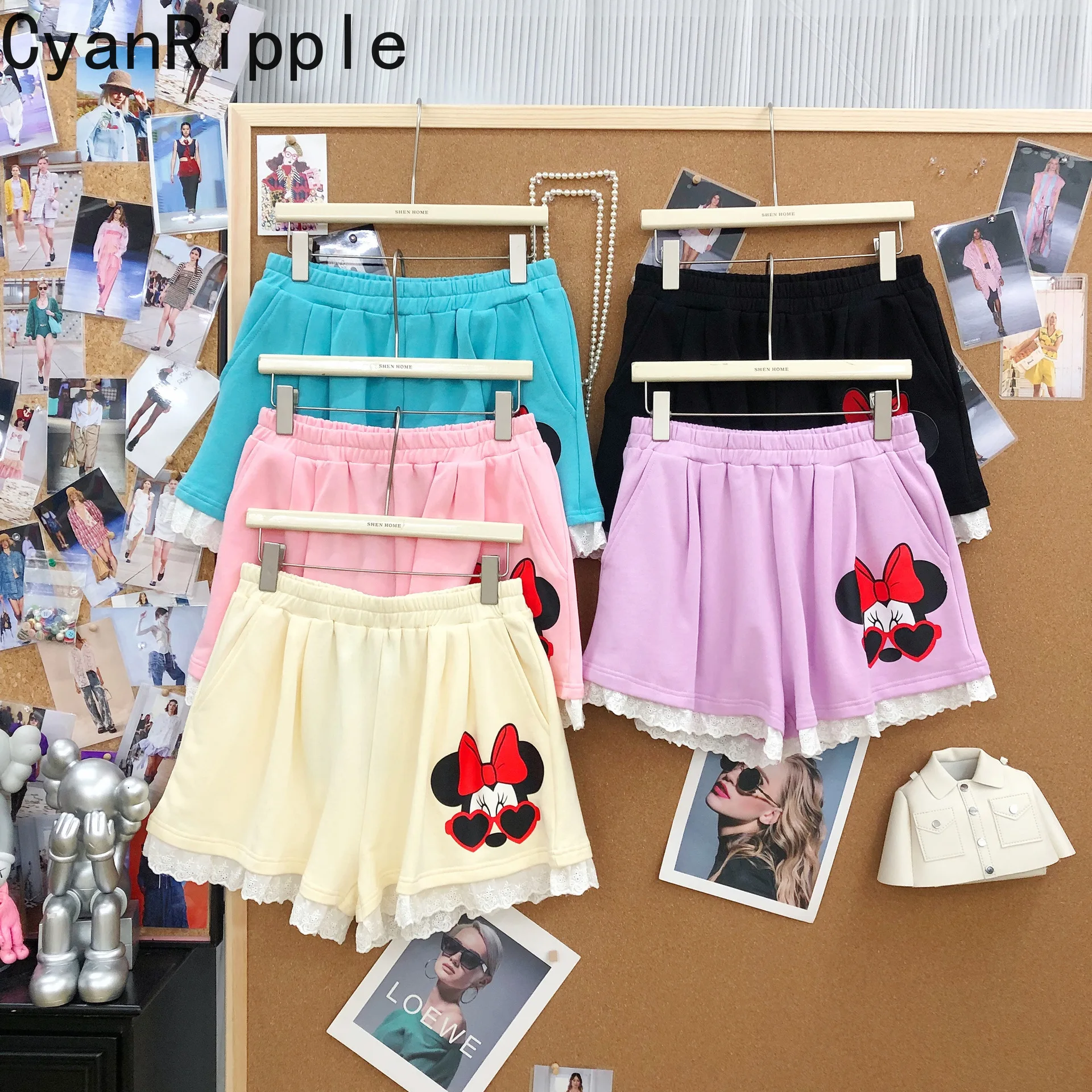 

Japanese All-match Age Reduction Cute Lace Wide Leg Shorts New Spring Summer Elastic Waist Minnie Printed Students Short Pants