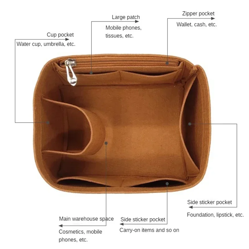 Organizer Insert Bag Inner Storage Felt Purse Shaper Cosmetic Storage Insert Handbag With Zipper Fit For H Picotin 18 22