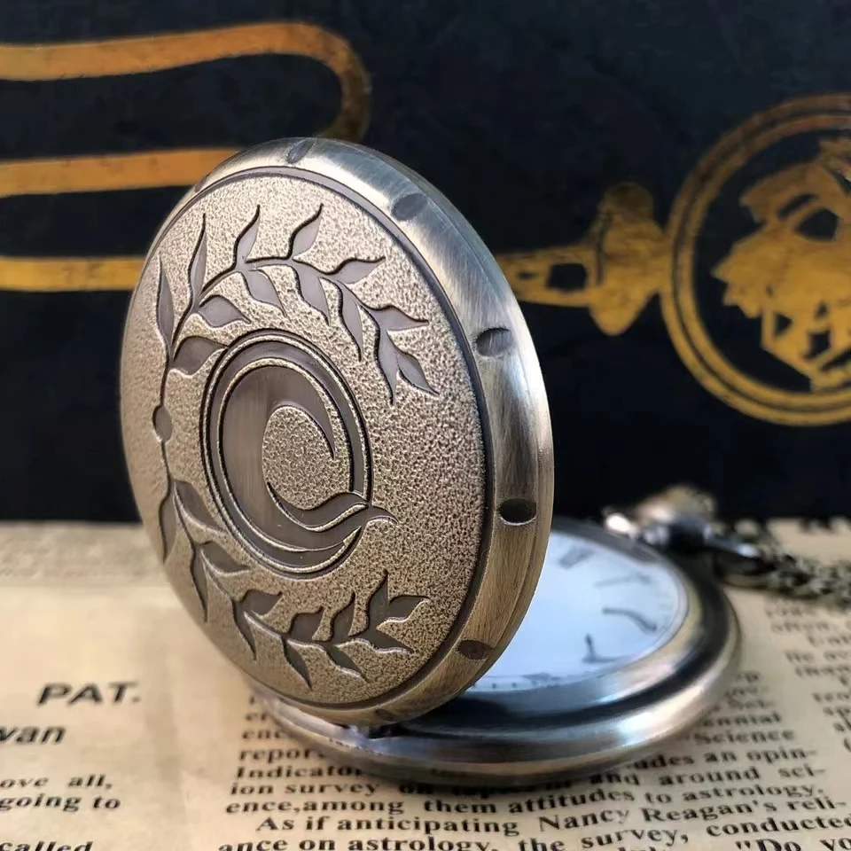 올리브 잎 패턴 새겨진 석영 포켓 시계, 빈티지 청동 포브 체인, 로마 숫자 얼굴, 라운드 다이얼 목걸이, 행운의 시계