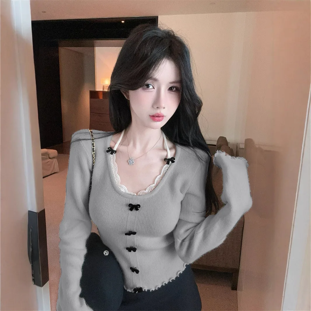 جودة عالية حار بيع بالجملة جديد ربطة القوس فيونكة محبوك سترة سليم صالح معلقة الرقبة مثير الدانتيل قاعدة قميص مع المرأة الداخلية #2