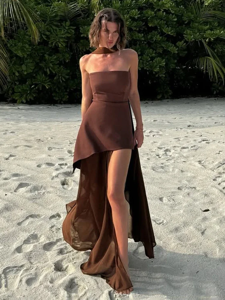 

Summer Fashion Lace-up Dress Female Elegant Sleeveless Mesh Beach Holiday Dress 2025 New Female Dress