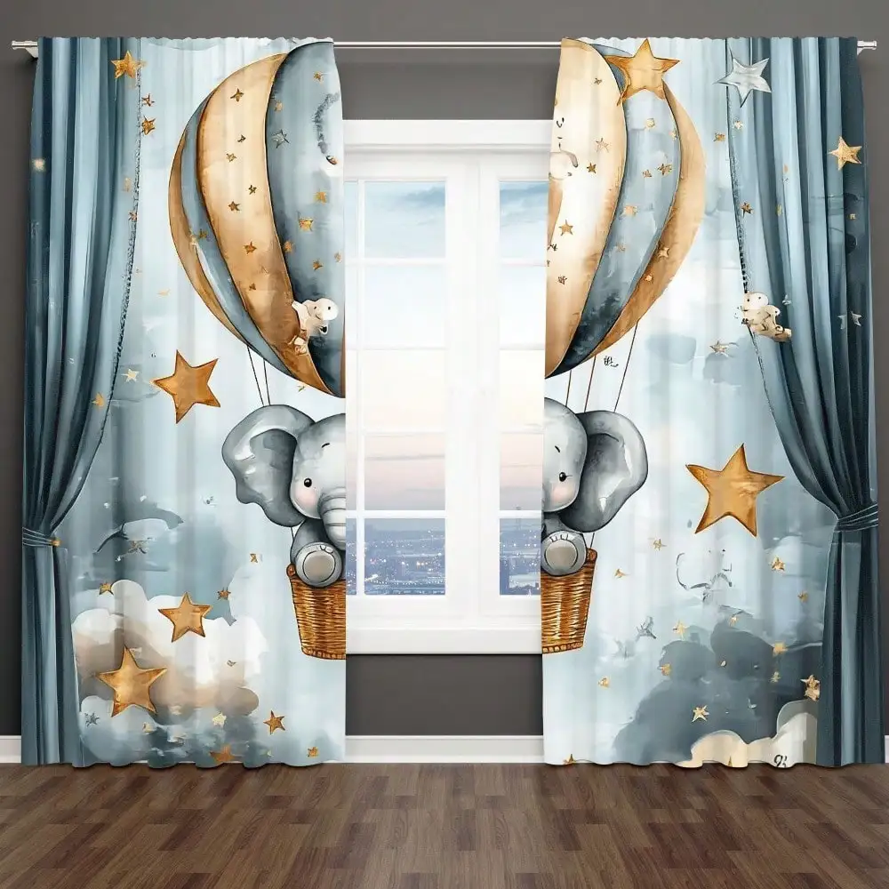 Elephant Curtain, Hot Air Balloon and Stars Print Blackout Curtains, Dreamy Animal Design for Nursery, Blue Kids Room Decor,